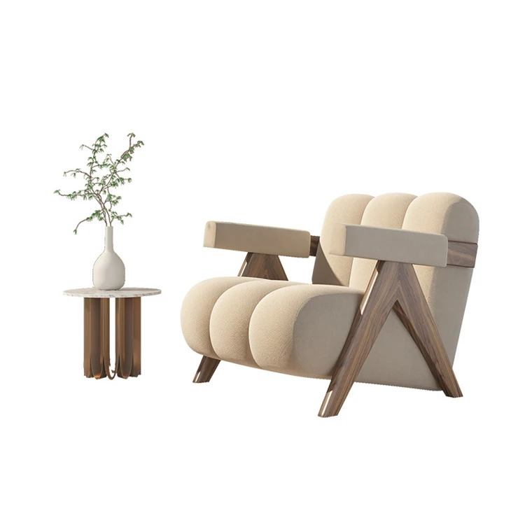 

High Quality Nordic Living Room Furniture Leisure Solid Wooden Legs Armchair Japanese Wabi Sabi Boucle White Accent Sofa Chair