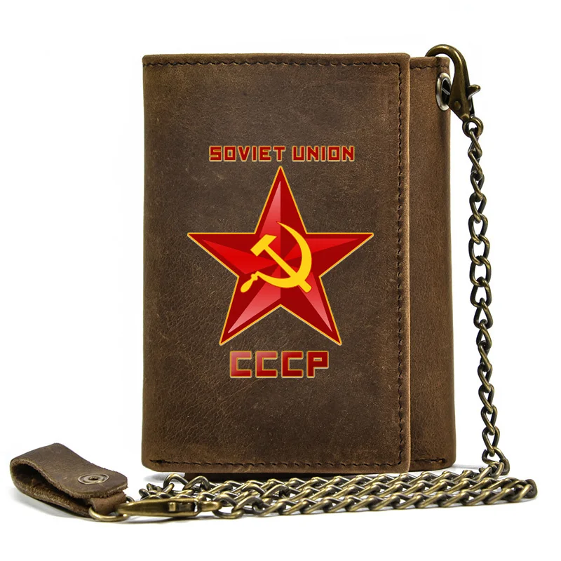 

High Quality Men Genuine Leather Wallet Anti Theft Hasp With Iron Chain CCCP Red Star Design Printing Card Holder Short Purse