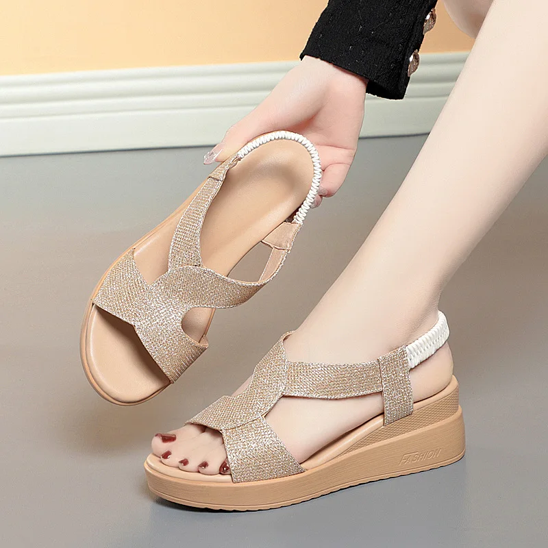 Rhinestones Women Bling Sandals Wedge New Fashion Roman Hollow Large Sizes Sandals Women Women's Summer Female Sandals