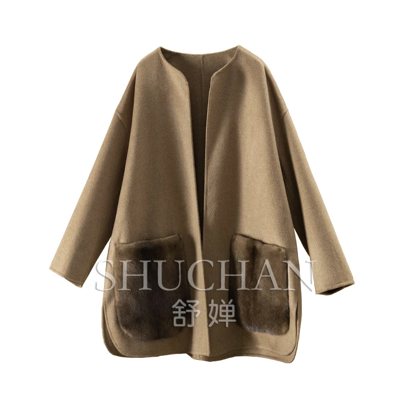 70% шерсть 30% шелк роскошное двустороннее пальто с карманами из норки Old Money женская