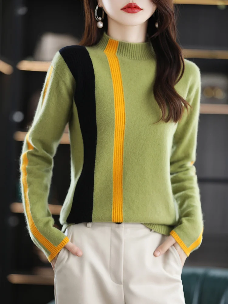

2023 Autumn And Winter New Women's Half Turtleneck Vertical Stripes Colorblock Knitted Pullover 100% Merino Wool Sweater Casual