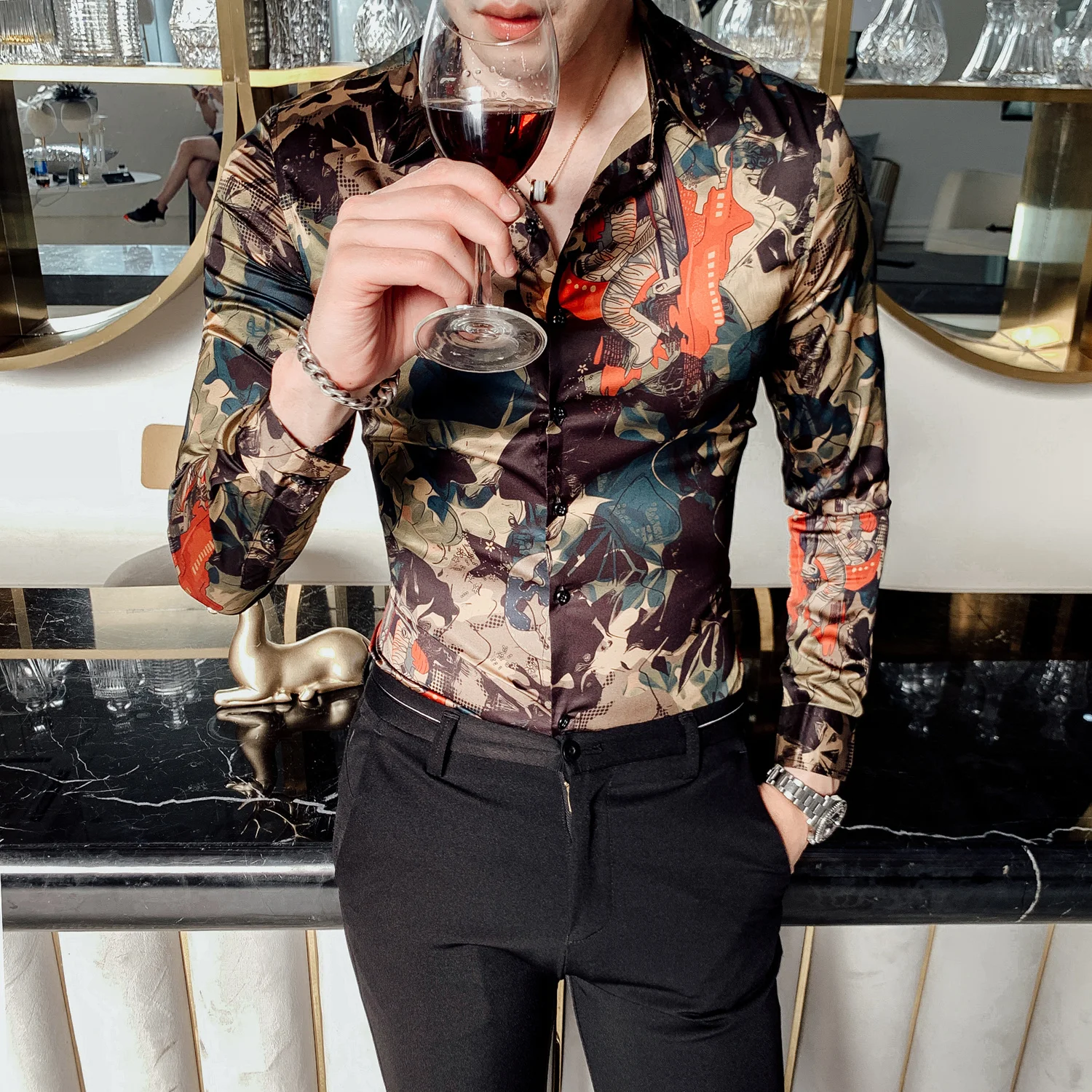 British Style Shirt Men Flower Casual Shirts Slim Fit Dress Fashion 2019 Autumn Long Sleeve Digital Print | Мужская одежда