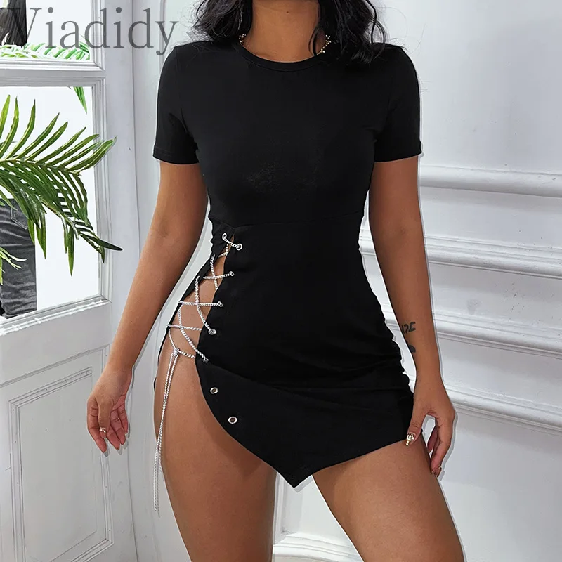 

Side Cross Chain Bandage Design Short Sleeve Asymmetrical Mini Dress