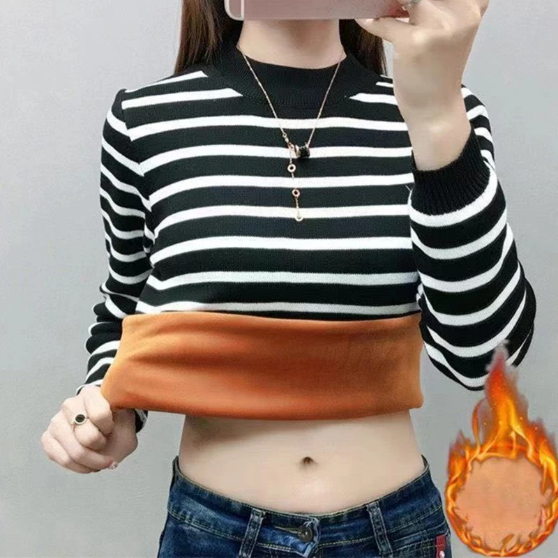 

Velvet Half High Collar Stripe Splicing Pullover Sweaters Women Autumn Winter Thick Warm Loose Streetwear Knitted Sweaters