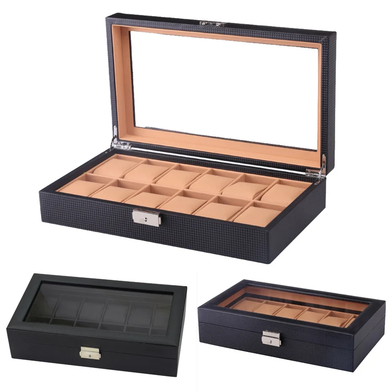 

Watch Box Leather Black Watch Display Box With Lock New Classic 6/10/12 Slots Carbon Fibre Men or WomenWatches Organizer