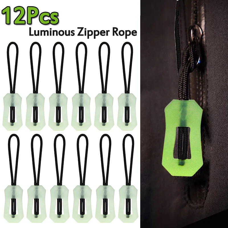 

6/12Pcs Glow In The Dark Luminous Zipper Puller Anti-theft Zippers Rope Night Rope Tent Zipper Pull Slider Head DIY Sewing Tool