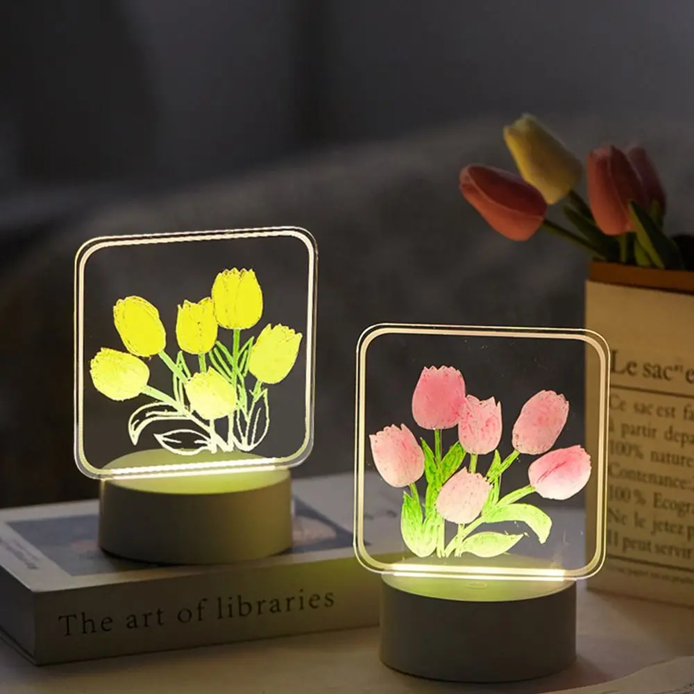 

Gift For Children Message Board With Pen Creative Painting Tulips LED Night Light Note Board 3D Light Usb Holiday Light