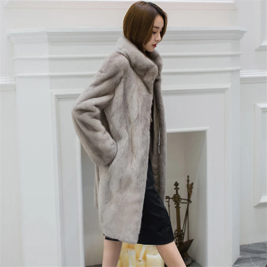 Mid-length Winter Faux Fur Mink Padded Coat Women Warm Thick Outwear Top Korean Overcoat Stand Collar Fashion Elegant Roupas