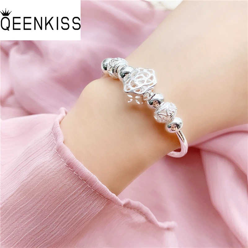 

QUEENKISS BT6167 Jewelry Wholesale Fashion WomanGirl BestieMother Birthday Wedding Gift Flower Bell Plain Silver Bracelet Bangle