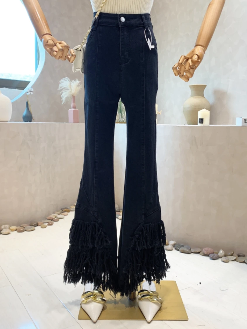 

Heavy Design Tasseled Jeans Female 2022 Early Autumn New High Waist Show Thin Black Drape Bootcut Pants Black Denim Pants