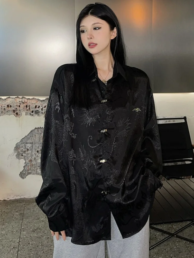 

Korean Fashion Black Dragon Pattern Print Women Men Blouse Jacquard Loose Harajuku Casual Long Sleeve Blusas Y2k Aesthetic Shirt