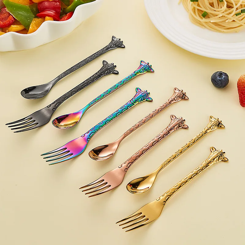 

Giraffe Spoons Forks Travel 304 Stainless Steel Dessert Sand Ice Cream Forks Tableware Cake Coffee Honey Soup Stirring Spoons
