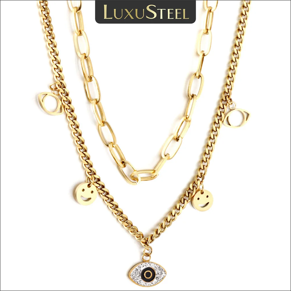 

LUXUSTEEL Stainless Steel CZ Evil Eye Shape Pendant Necklace For Women Girls Smiling Face Charm Cuban Link Chain Wedding Jewelry