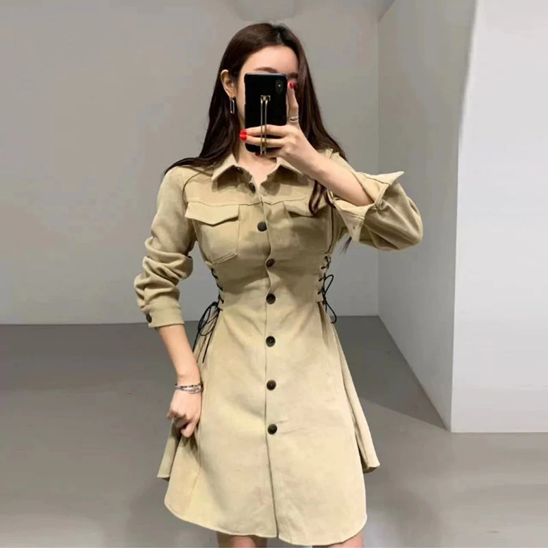 Элегантное шикарное платье в Корейском стиле весеннее модное однобортное