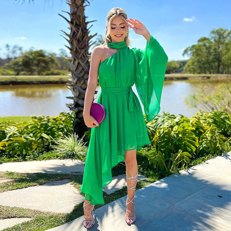 

Long Dress Women Summer Pareos Beach Bath Exits 2023 New Neck Backless Oblique Irregular High Waist Mid Length Solid Polyester