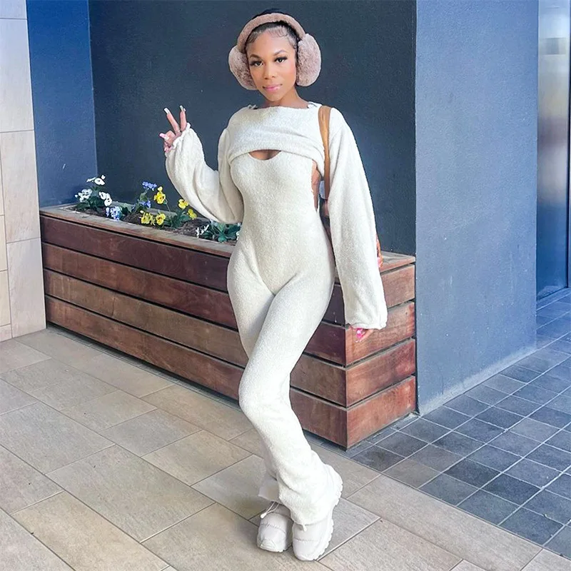 

Chic Furry Women 2 Piece Set Casual Solid Crop Tops+Jumpsuit Hipster Streetwear Matching Elastic Outfits Autumn Tracksuit