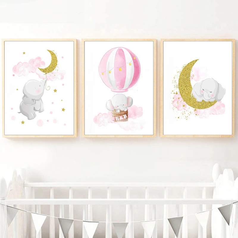 Розовый и золотой слон луна воздушный шар холст Постер печать детская комната