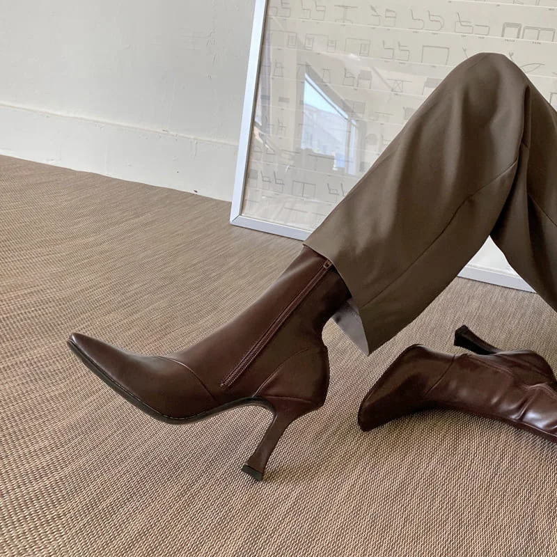 Women High Heels Dress Shoes Pointed Toe Bare Boots Black Booties Thin Heeled Fashion Ankle Boots Retro Ladies Shoes Bootas