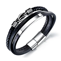 hot selling leather rope bracelet stainless steel leather woven bracelet multi layer mens titanium steel jewelry