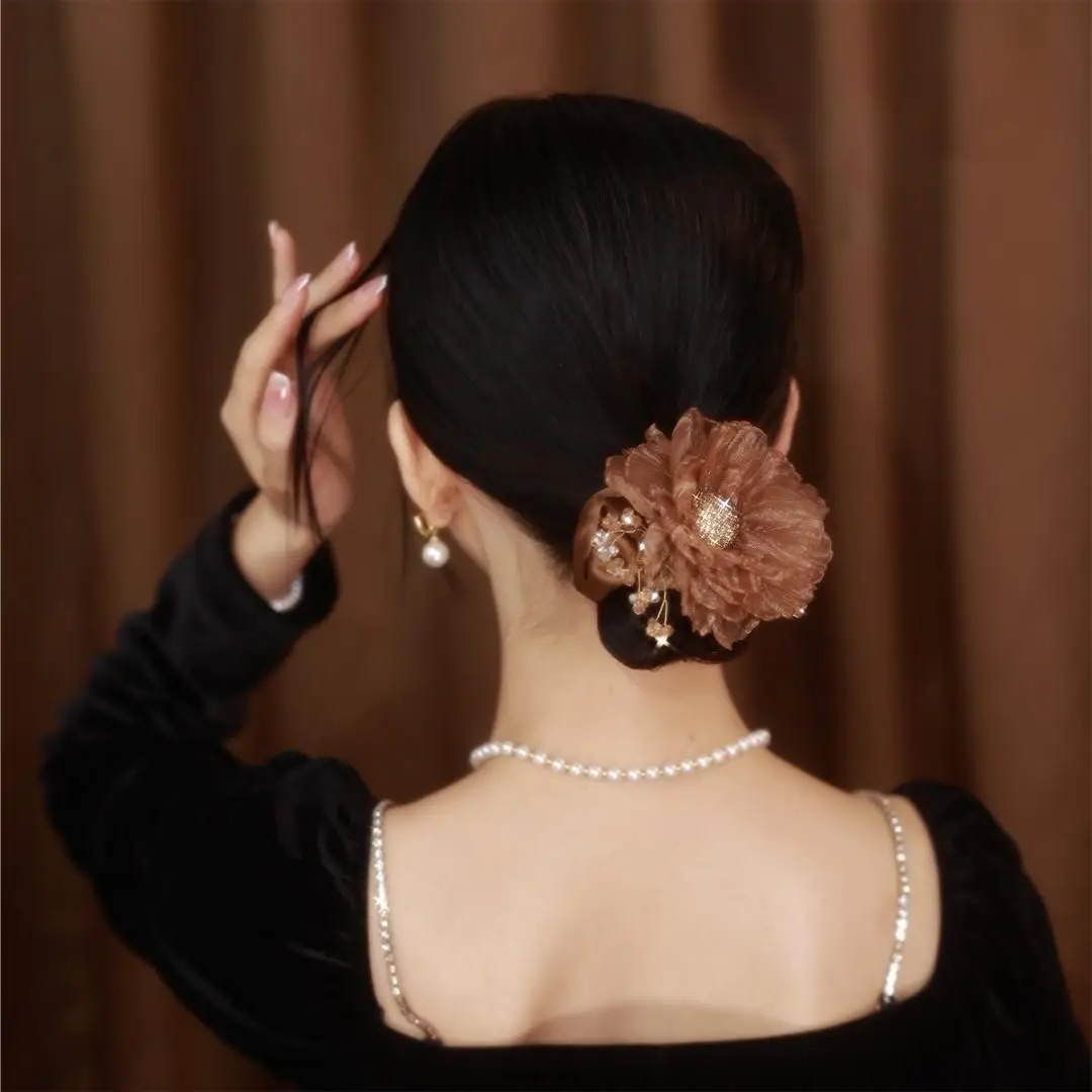 

Korean Style Elegant Flowers Large Intestine Ring Crystal SUNFLOWER Head Rope Plate Hair Tie Ponytail Hair Accessories for Women