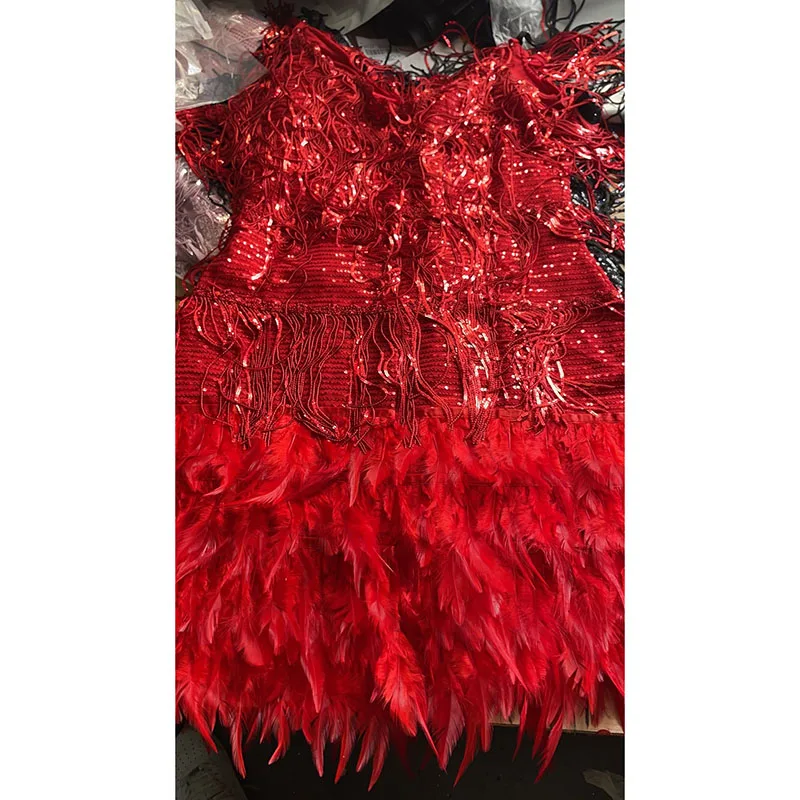 Sexy Women'S Fringed Sequin Feather Stitching Dress 2022 Summer Slim V-Neck Off Shoulder Dresses Female Backless Slip Mini Robe