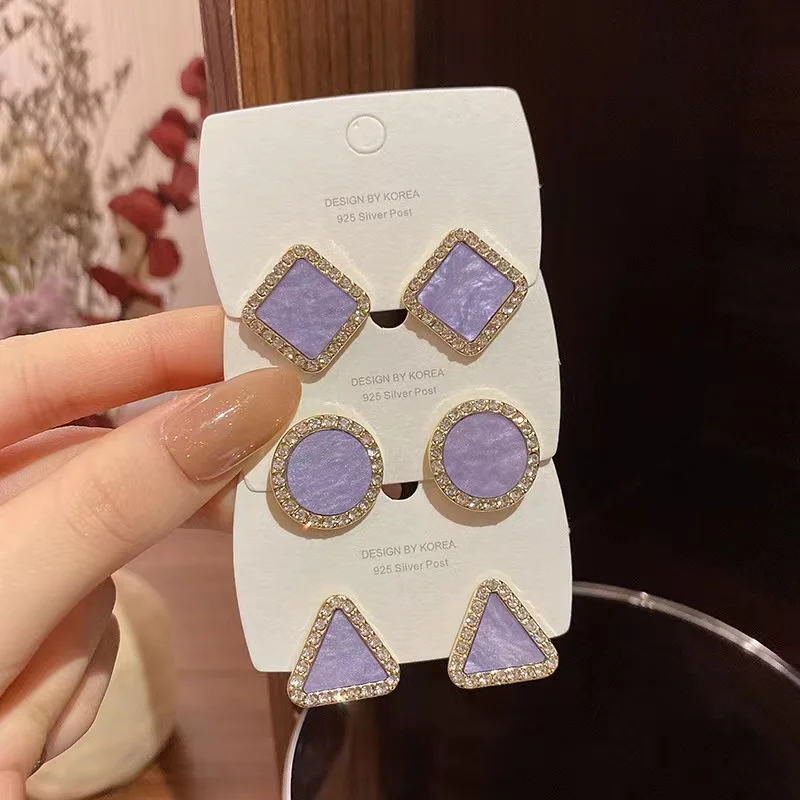 S925 Silver Needle Light Luxury Small Crowd Fantasy Purple Geometric Diamond Ear Studs Women's Advanced Sense Versatile Earrings