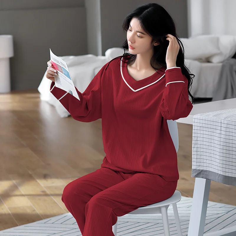 Casual Cotton Homewear Women's Pajamas Spring Stripe Neck Sleepwear Set Women Solid color Pajama Set Full Sleeve Shirt Pant