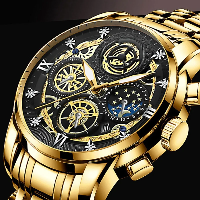

2022New Calendar Men's Fashion Watch Hollow Flywheel Rhinestone Waterproof Sun, Moon and Stars Quartz Watch