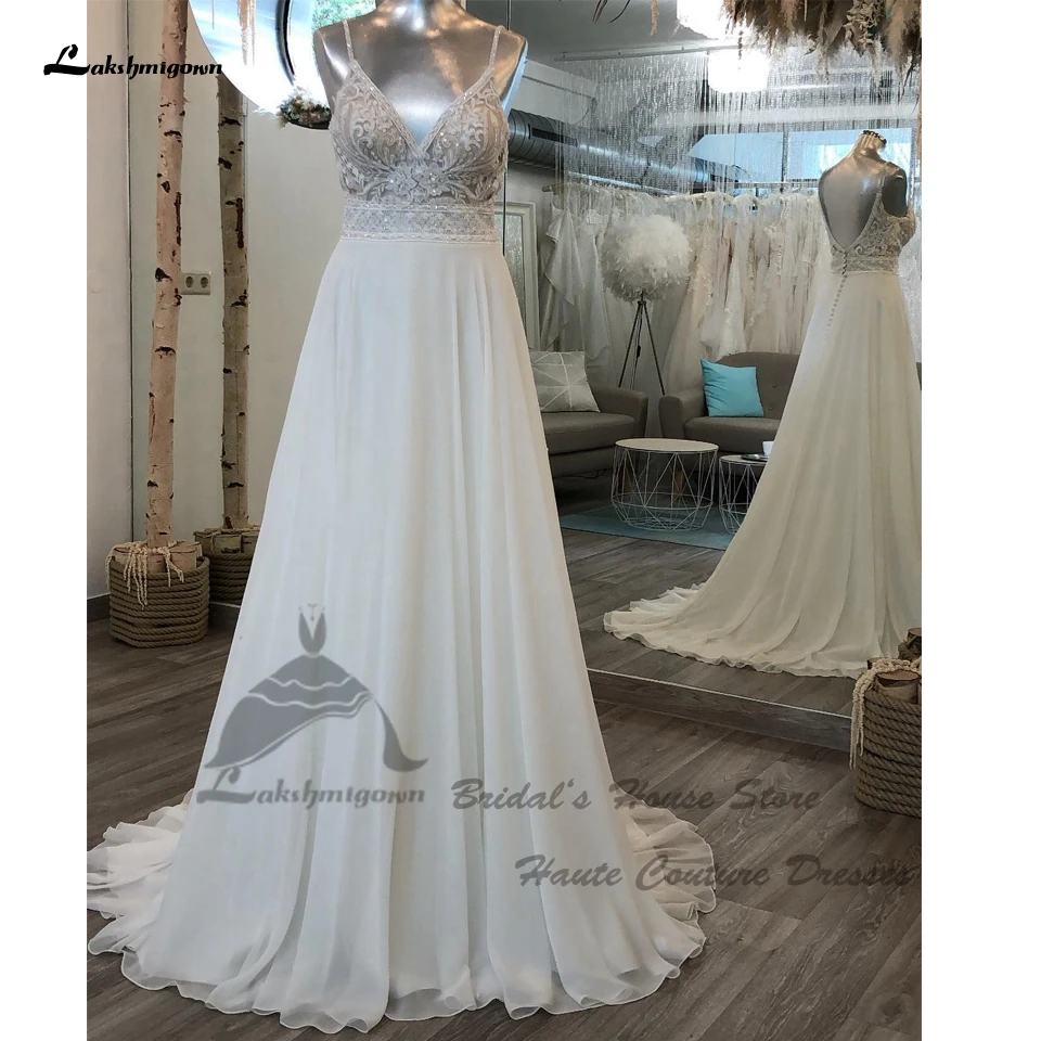 

Lakshmigown Simple A Line Beach Chiffon Bridal Dress For Women Robes De Mariage 2023 Lace Beaded V Neck Boho Wedding Gowns