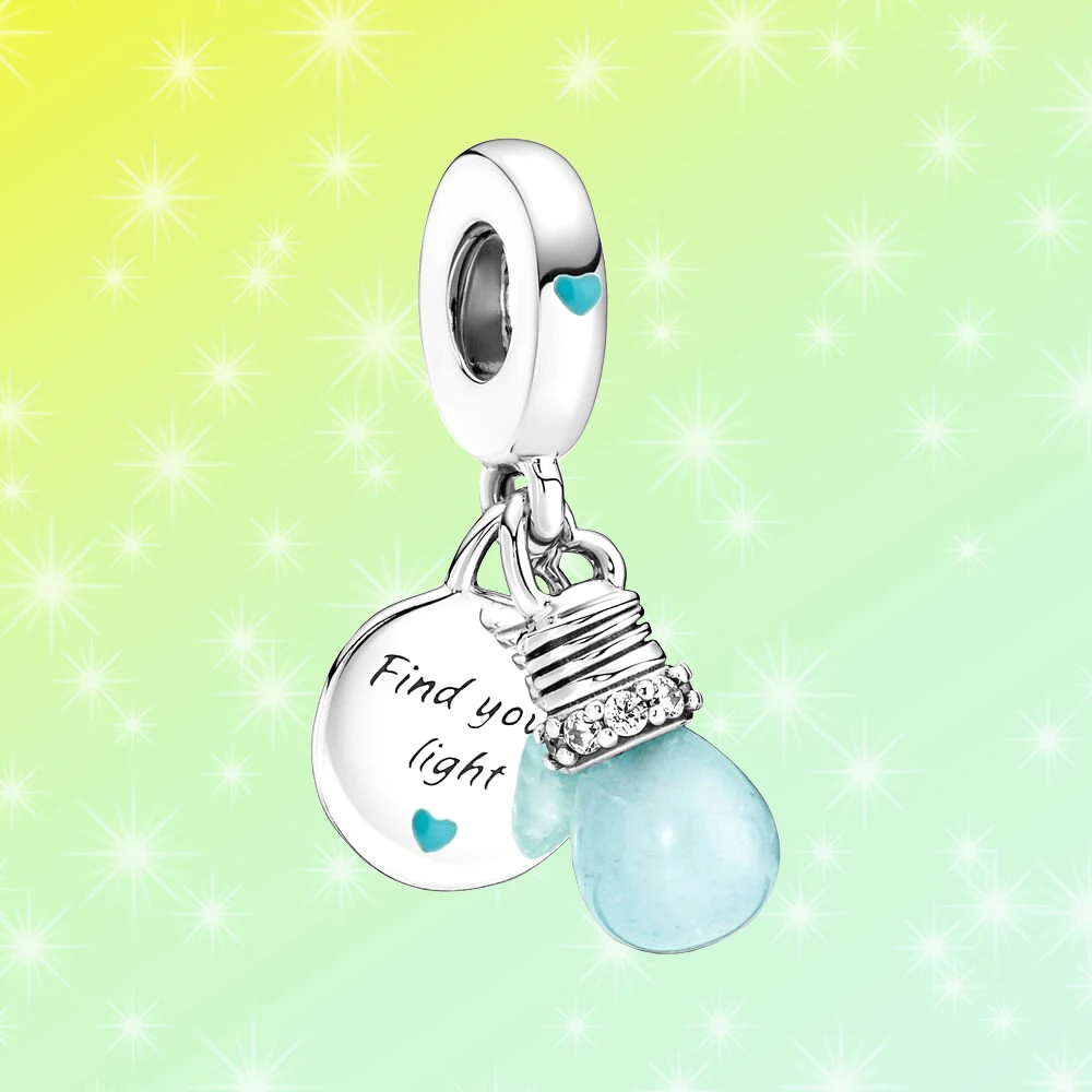 

925 Silver Blue Luminous Bulb Dangle Charm Birthday Fit for Pandora Luxury DIY Bracelet Necklace Ladies Fashion Jewelry Gift