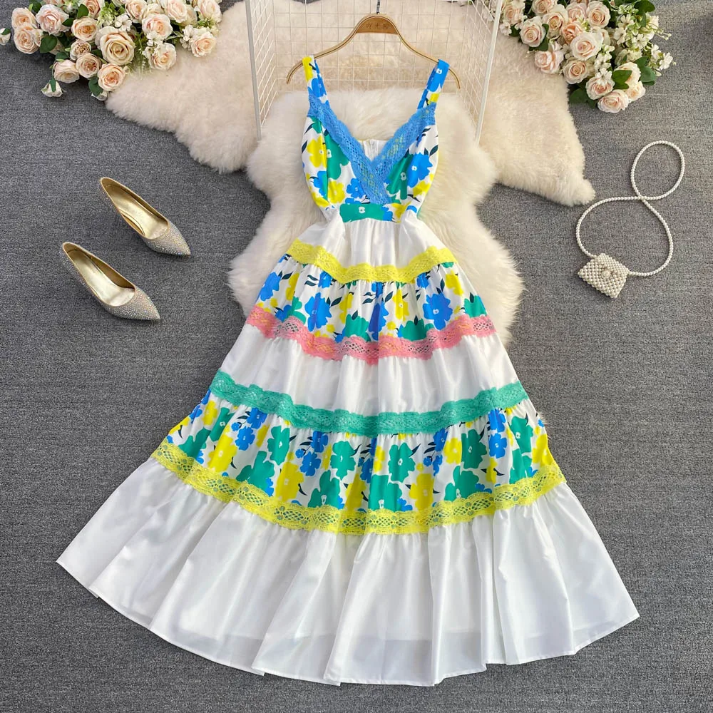 

Fashion V-neck Halter Dress Beach Vacation Ruffle Print A-line Dress Woman