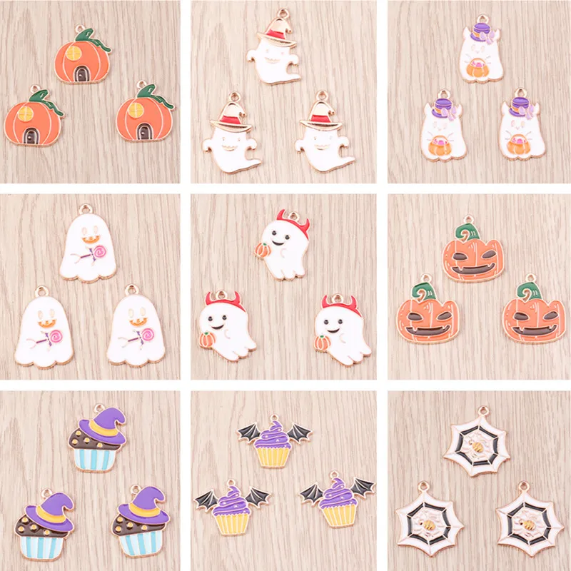 

10pcs/lot Mix Enamel Halloween Ghost Pumpkin Bat Charms for Jewelry Making DIY Earrings Pendants Necklaces Bracelet Craft Supply