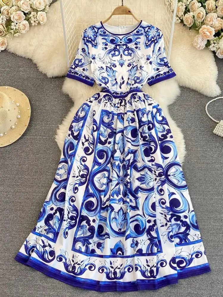 

Banulin Fashion Designer Summer Dress Women O-Neck Short Sleeve Blue and White Porcelain Print High Waist Midi Vacation Dress