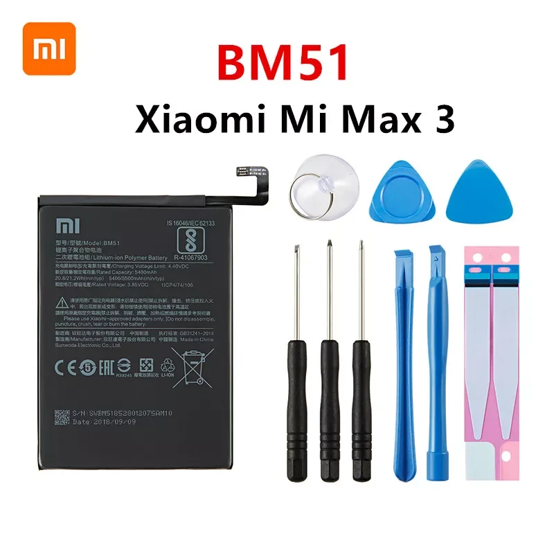 

100% Orginal BM51 5500mAh Battery For Xiaomi Mi Max 3 Max3 BM51 High Quality Phone Replacement Batteries +Tools