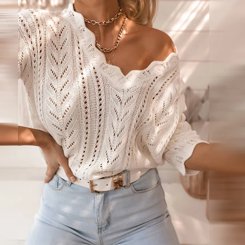 

Casual Woman Autumn Fashion Scallop Trim V-Neck Open Knit Sweater Long Sleeve Solid Color Sweater Ladies Pullover Tops Workwear