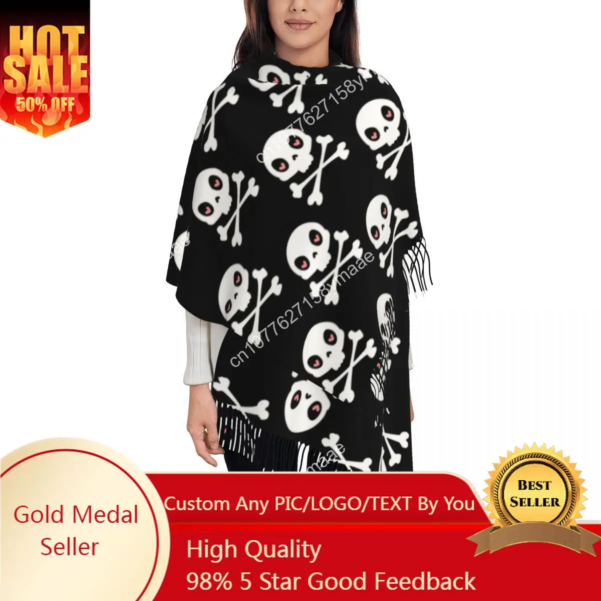

Women Scarf with Tassel Halloween Horror Long Soft Warm Shawl and Wrap Cartoon Skull Bone Pirate Flag Daily Wear Cashmere Scarf