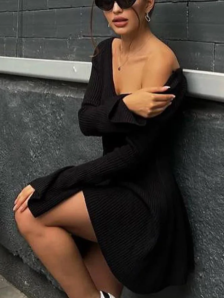 Женское Однотонное Трикотажное Платье С Длинными Рукавами И Оборками По Подолу