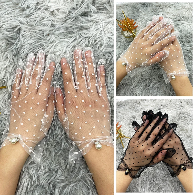 

1Pair Women Sexy Lace Gloves Polka Dot Black White Mesh Tulle Gloves Sun Protection Mittens Wedding Dress Gloves