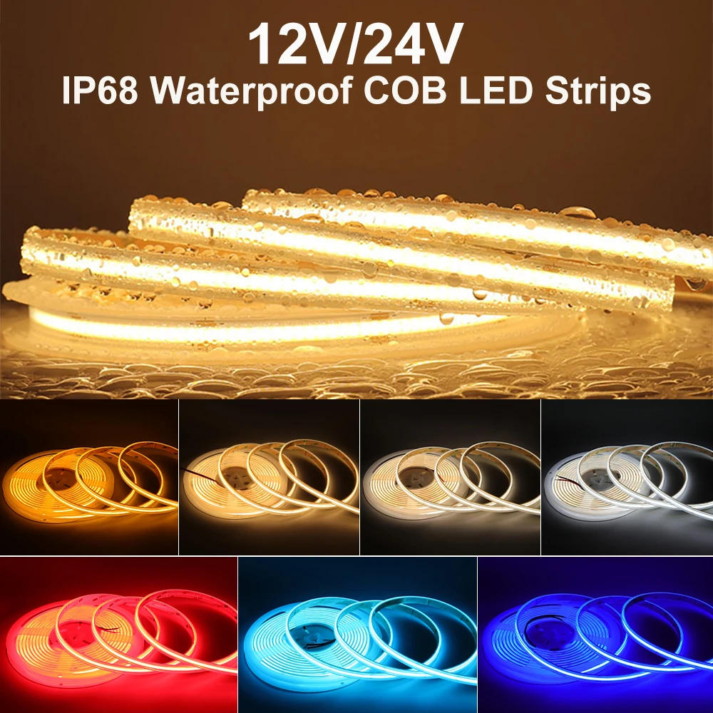 

Waterproof COB LED Strips Lights 12V/24V RA90 Super Bright Tape LED Dimmable Flexible led strips lights for room Decor Lighting