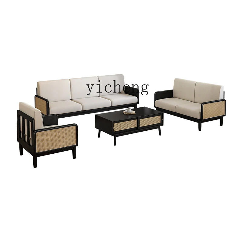 

ZC Vintage Solid Wood Rattan Sofa Living Room Small Apartment Black Three-Seat Sofa Bed & Breakfast Furniture