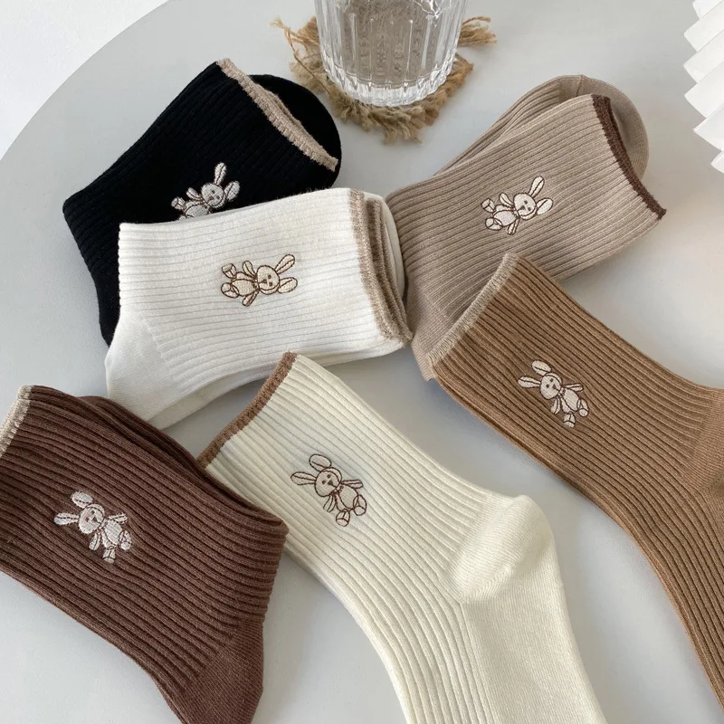 3 Pairs of Women's Socks 2023 New Fashionable Cotton Breathable Socks Embroidered Casual Girls Sweet Japanese Cute Rabbit