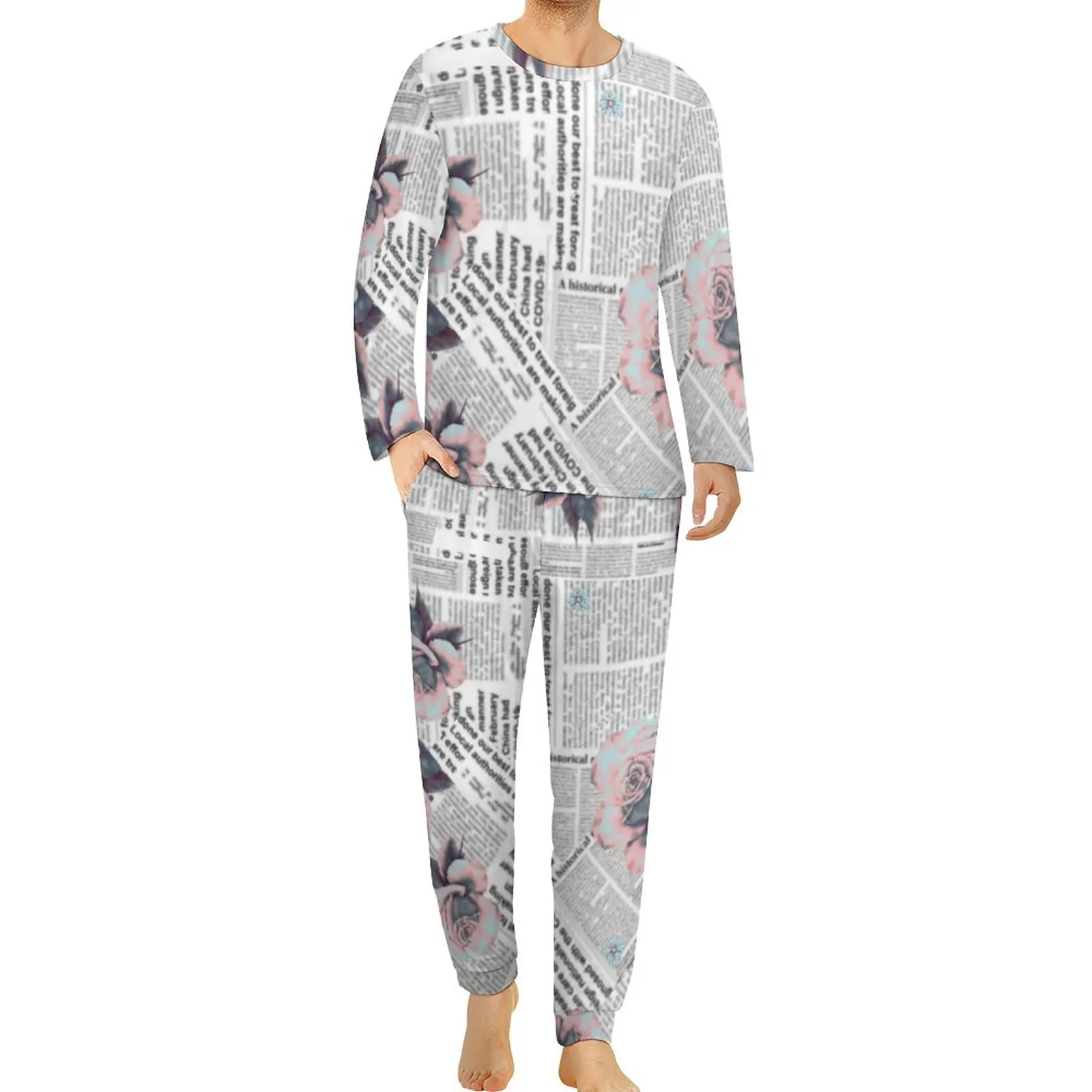 

Vintage Newspaper Pajamas Long-Sleeve Flower Print Two Piece Room Pajama Sets Autumn Male Graphic Romantic Oversized Sleepwear