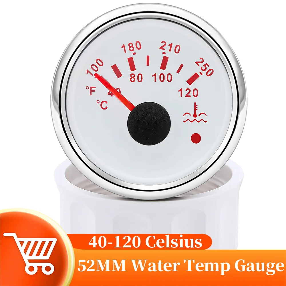 

52mm Waterproof Water Temp Gauge With Alarm 40-120℃ Red Backlight 10mm Water Temperature Sensor For Marine Car Boat 12/24V