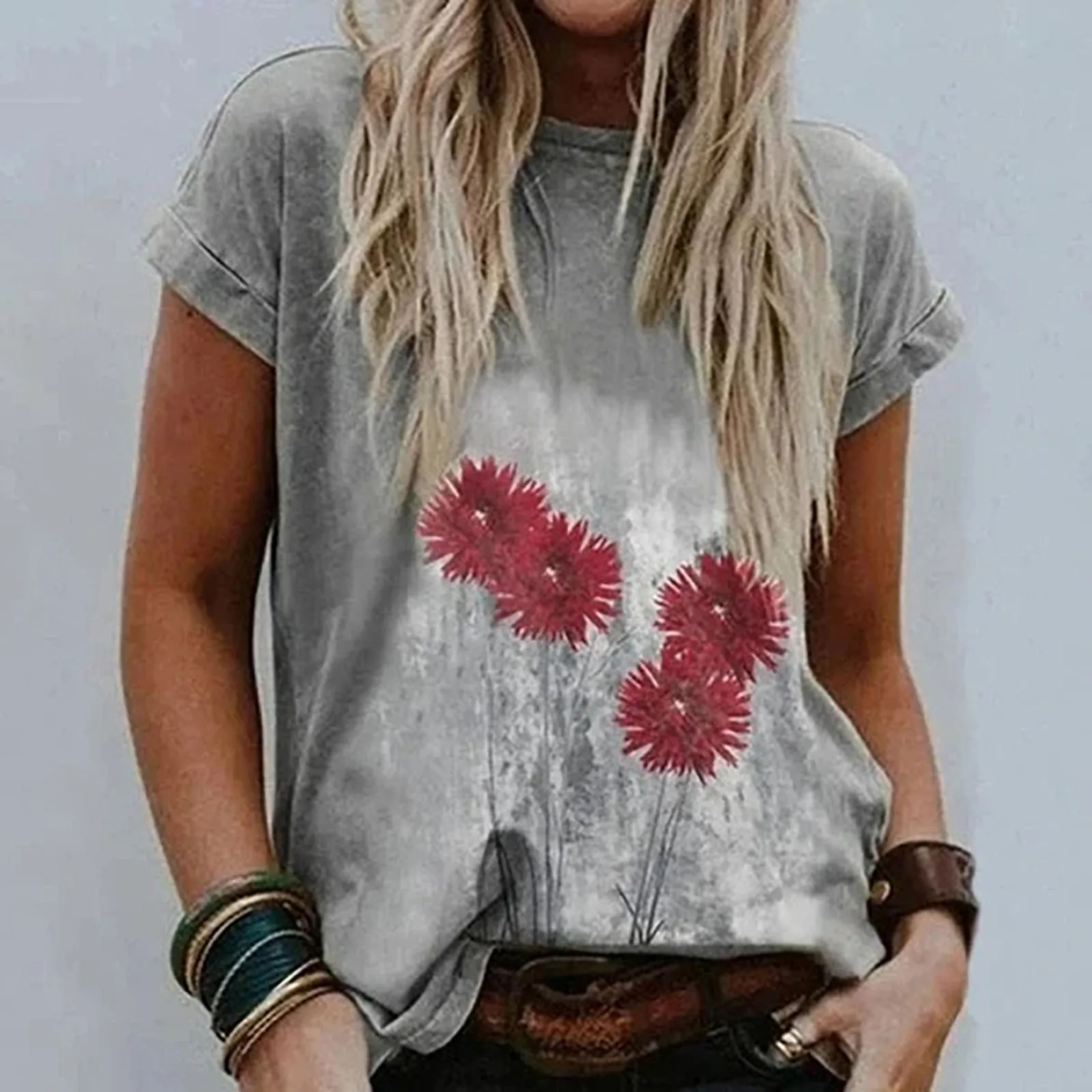 Womens Summer T-Shirt Vintage Flower Printed Short Sleeve Tops Tees Female Casual Round Neck Oversized Blouses Tshirt Plus Size