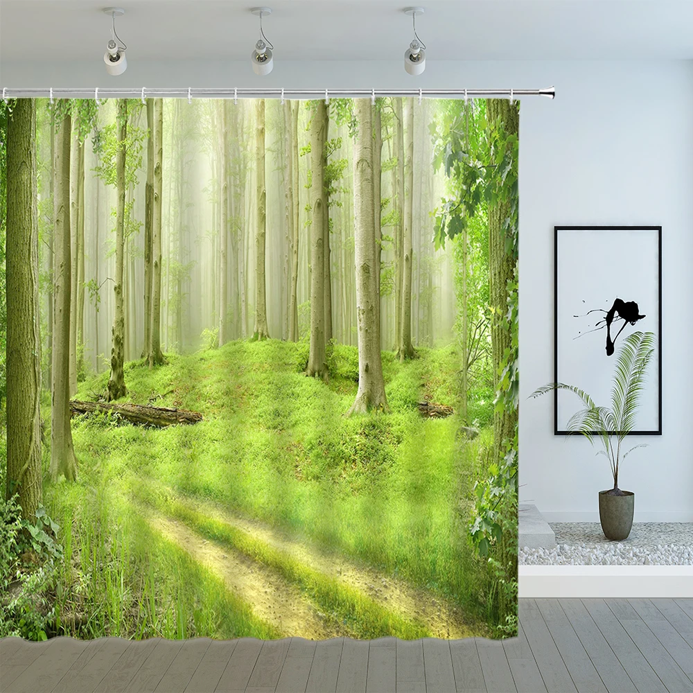 

Forest Trail Scenery Bath Curtain Spring Plant Green Grass Print Pattern Waterproof Polyester Fabric Bathroom Deco Shower Screen