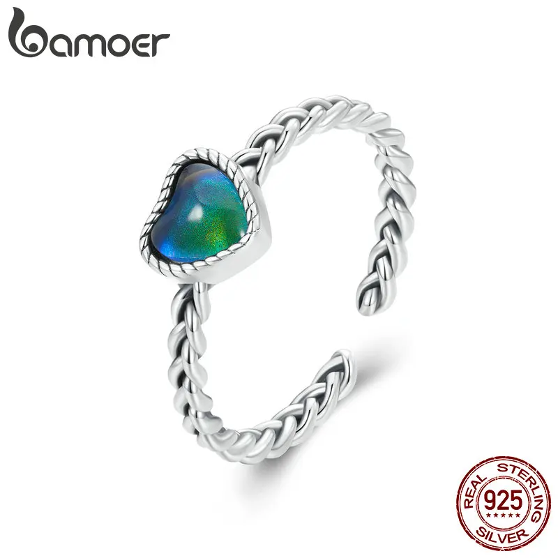 

Bamoer 925 Sterling Silver Emotion Stone Color Change Heart Adjustable Ring Platinum Plated for Women Party Fine Jewelry