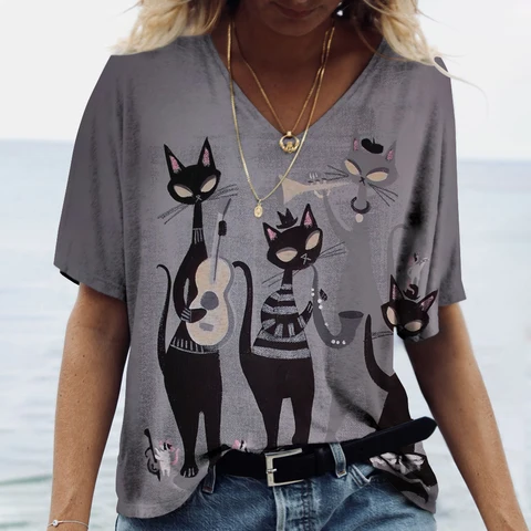 2023 Fashion Womans T-shirt V-neck Cat Print Short Sleeve Tops Casual Abstraction Female Tees Oversized Y2k Clothing For Ladies