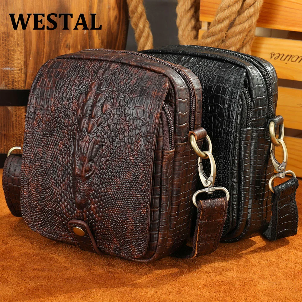 WESTAL Men's Crossbody Shoulder Bag Genuine Leather Crocodile Pattern Messenger Male Alligator Side Bags |