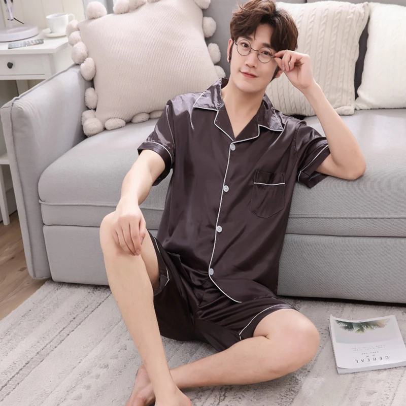 New pajamas men's summer silk short-sleeved shorts simulation silk thin section casual solid color home youth boys home clothes
