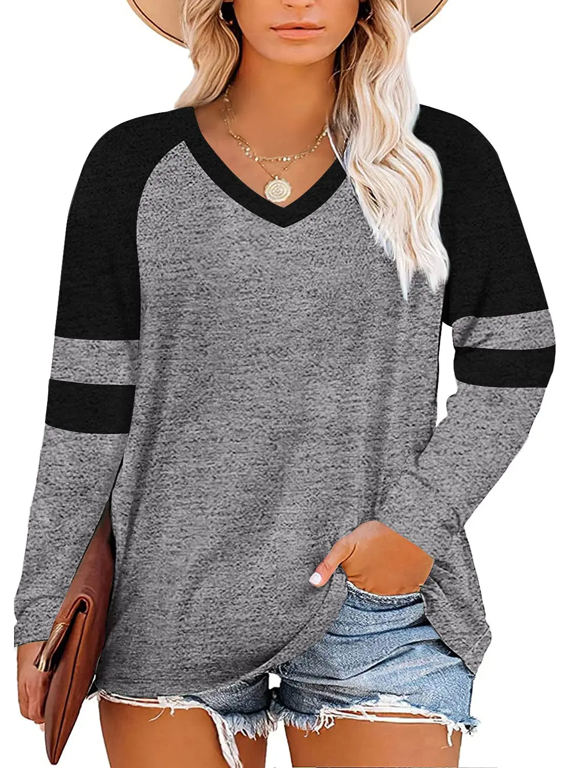 

Fashion Women's Plus Size Tops Striped Long Sleeve V neck T Shirts Color Block Casual Tunics Tee Shirt